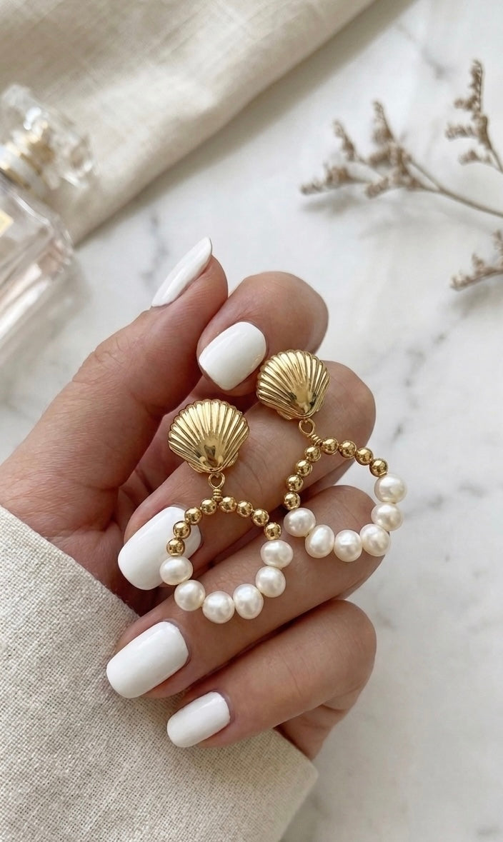 Seashell and Baroque Pearl Hoop Dangle Earrings