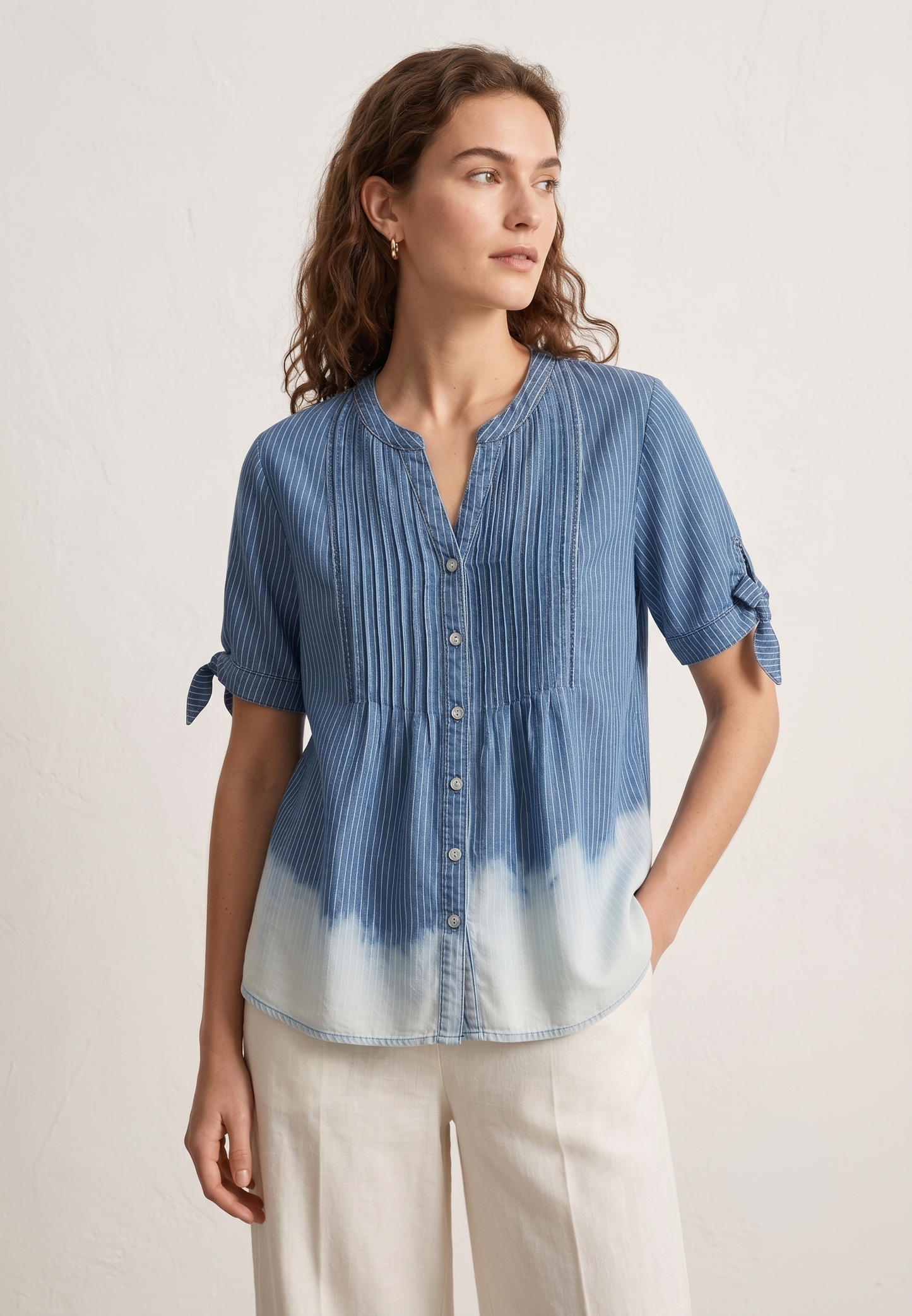 Ocean Breeze Striped Dip-Dye Pintuck Blouse