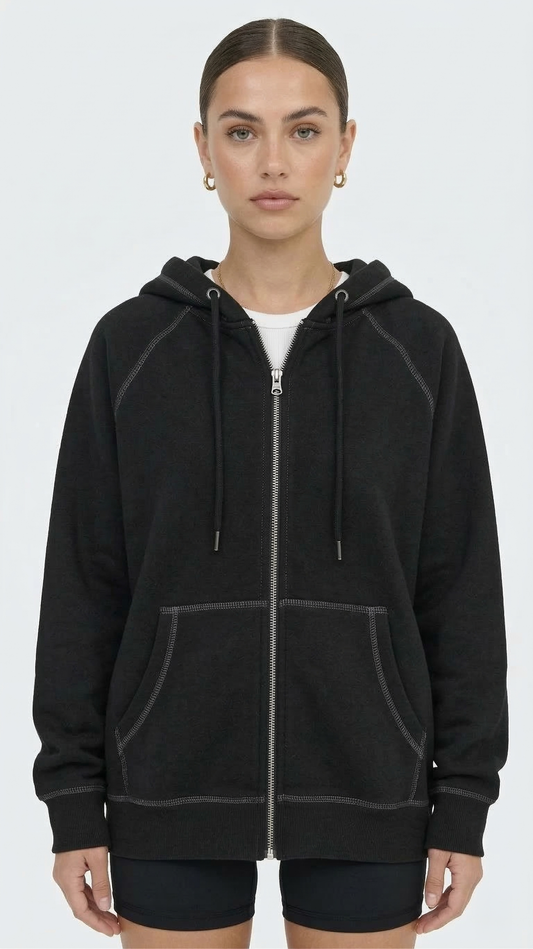 Women's Oversized Black Zip-Up Hoodie Sweatshirt Contrast Stitch Minimalist