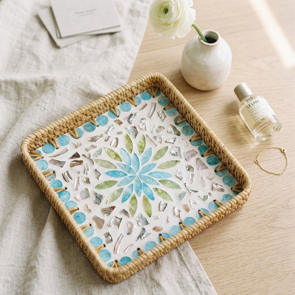 Artisanal Mother of Pearl Mosaic & Rattan Tray — Teal Floral