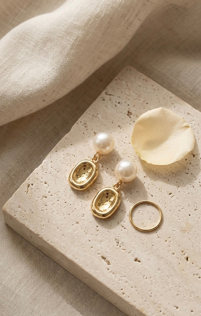 "Odette" French Baroque Textured Gold & Pearl Drop Earrings