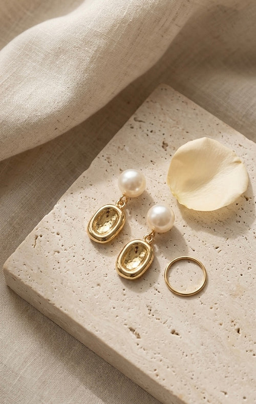 "Odette" French Baroque Textured Gold & Pearl Drop Earrings