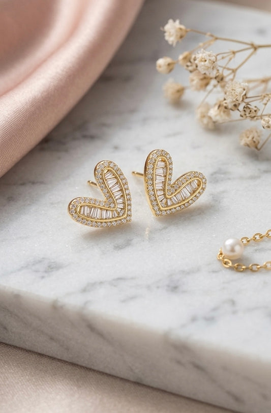 Amour Baguette Heart Stud Earrings - Gold