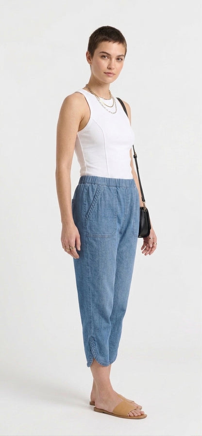 Braided Trim Soft Knit Denim Pull-On Ankle Pants – Indigo Wash