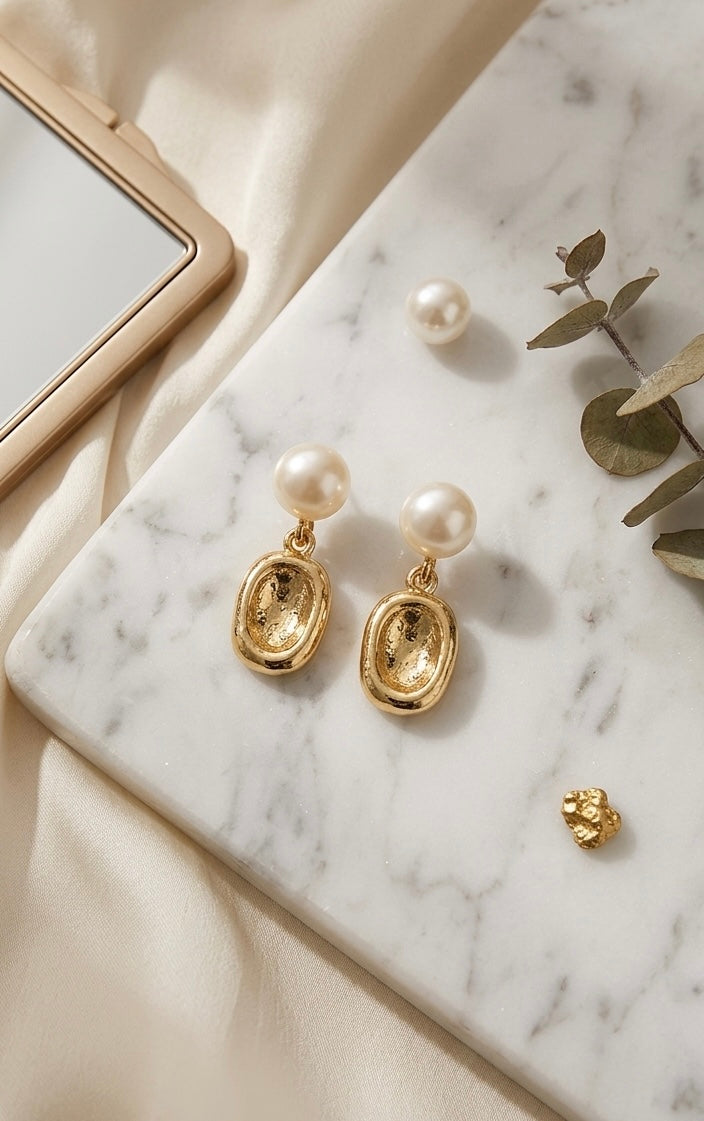 "Odette" French Baroque Textured Gold & Pearl Drop Earrings