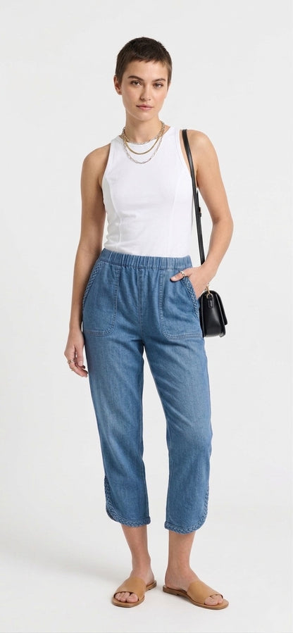 Braided Trim Soft Knit Denim Pull-On Ankle Pants – Indigo Wash
