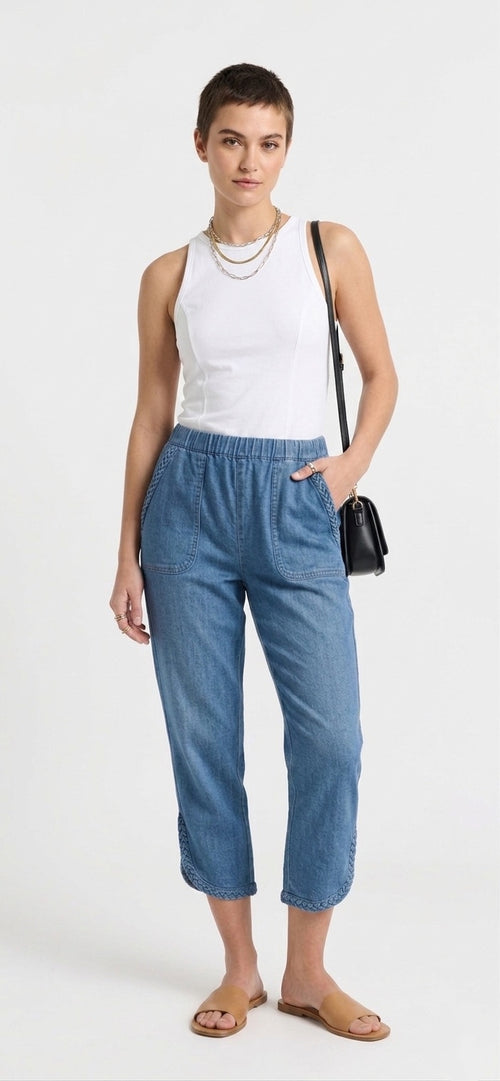 Braided Trim Soft Knit Denim Pull-On Ankle Pants – Indigo Wash