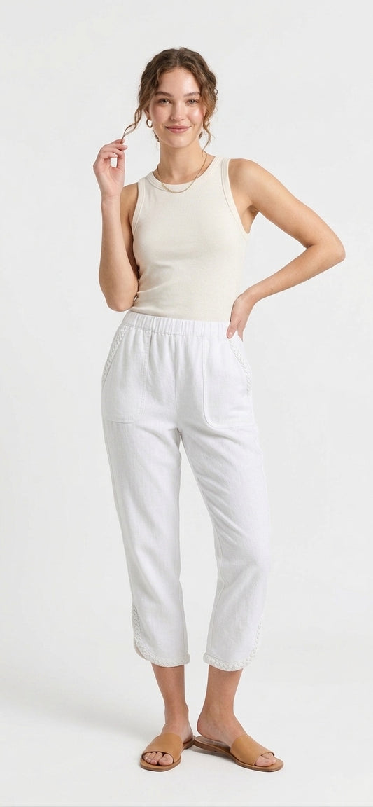 Women’s Braided Hem Stretch French Terry Capri - White