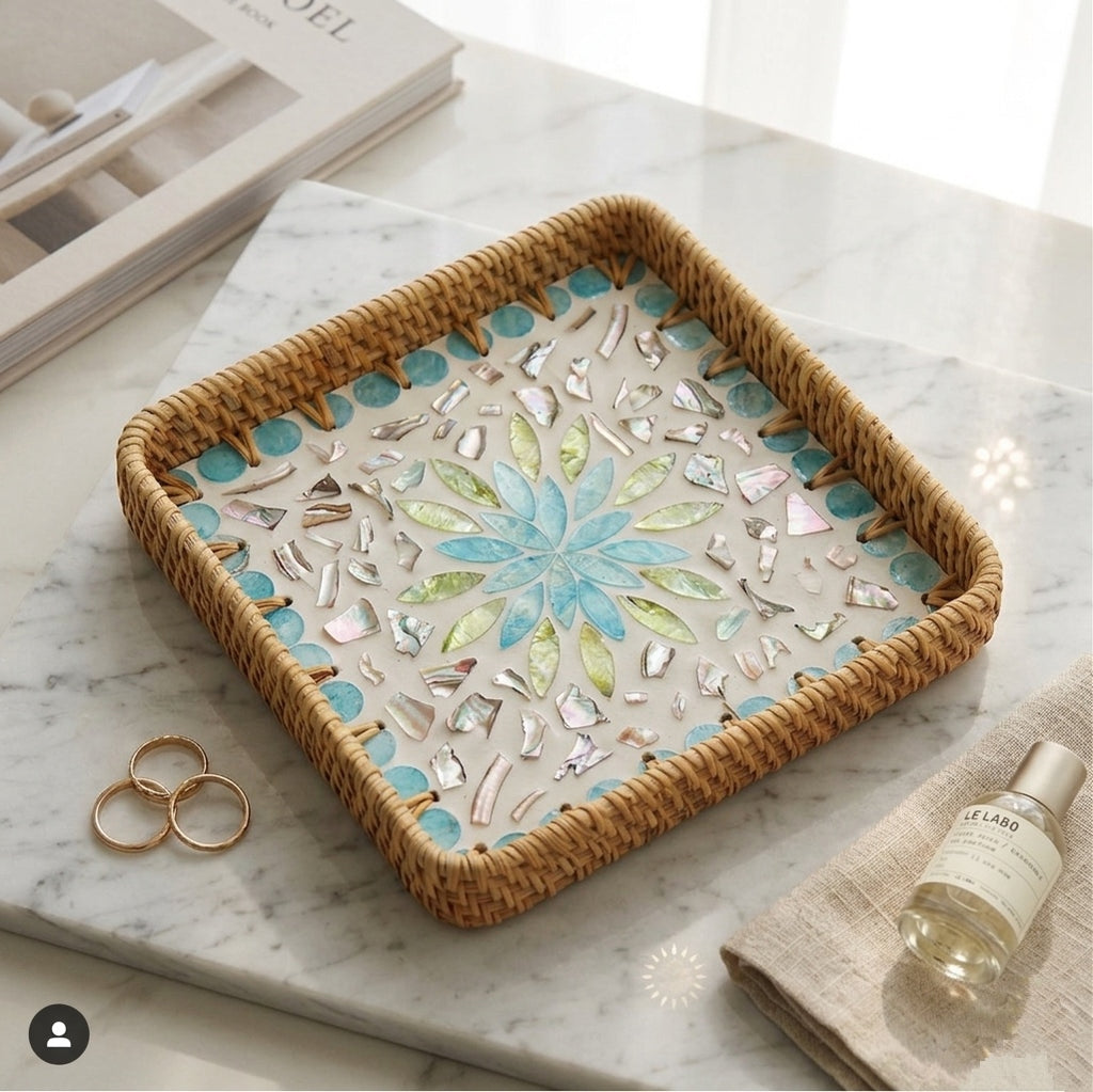 Artisanal Mother of Pearl Mosaic & Rattan Tray — Teal Floral
