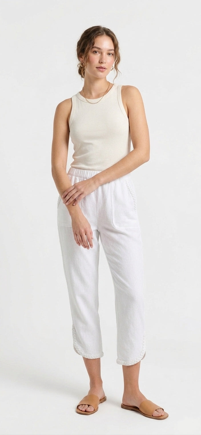 Women’s Braided Hem Stretch French Terry Capri - White