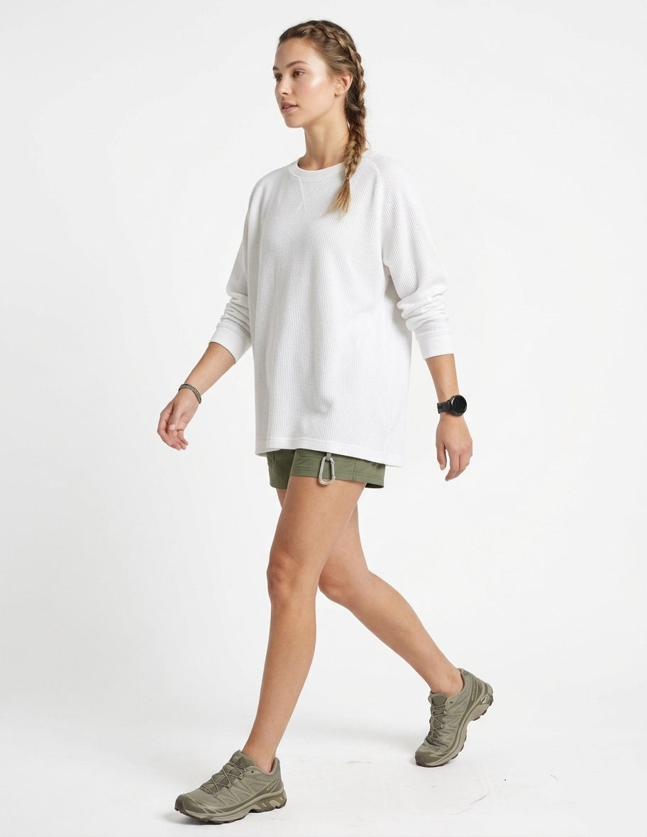 Charcoal Waffle-Knit Thermal Long Sleeve T-Shirt Crew Neck 80% Cotton Blend