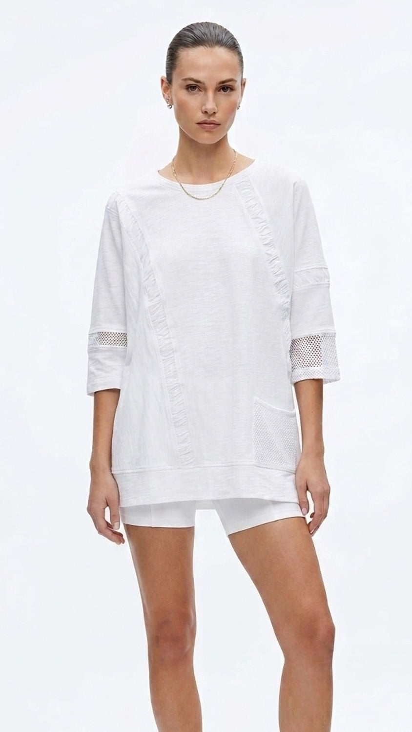 Womens 100% Cotton French Terry Top with Mesh and Textured Sleeves - White