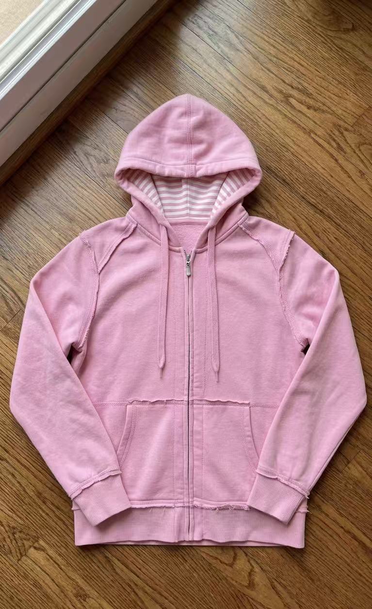 Cotton Candy Pink Raw Seam Zip-Up Hoodie