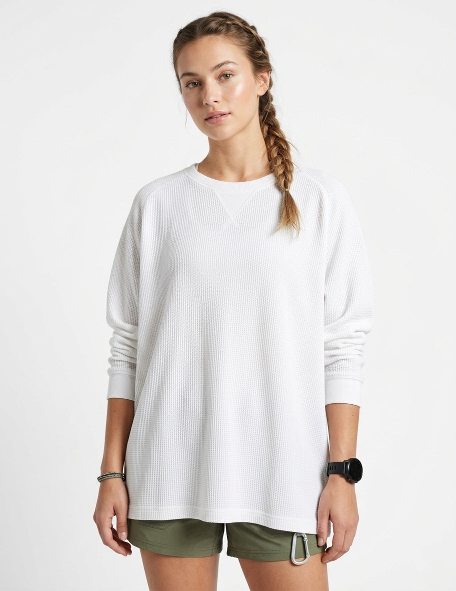 Charcoal Waffle-Knit Thermal Long Sleeve T-Shirt Crew Neck 80% Cotton Blend