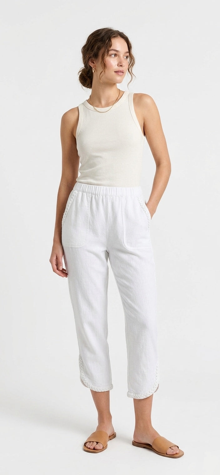 Women’s Braided Hem Stretch French Terry Capri - White