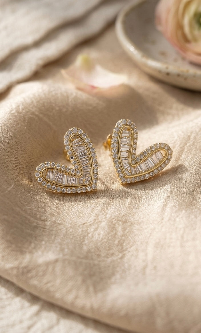 Amour Baguette Heart Stud Earrings - Gold