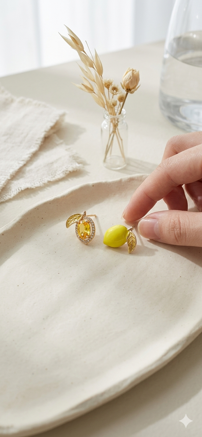 Zesty Lemon Asymmetrical Stud Earrings | Gold-Plated Crystal & Enamel