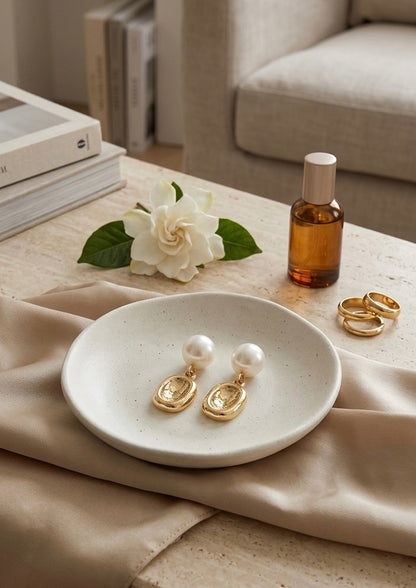 "Odette" French Baroque Textured Gold & Pearl Drop Earrings