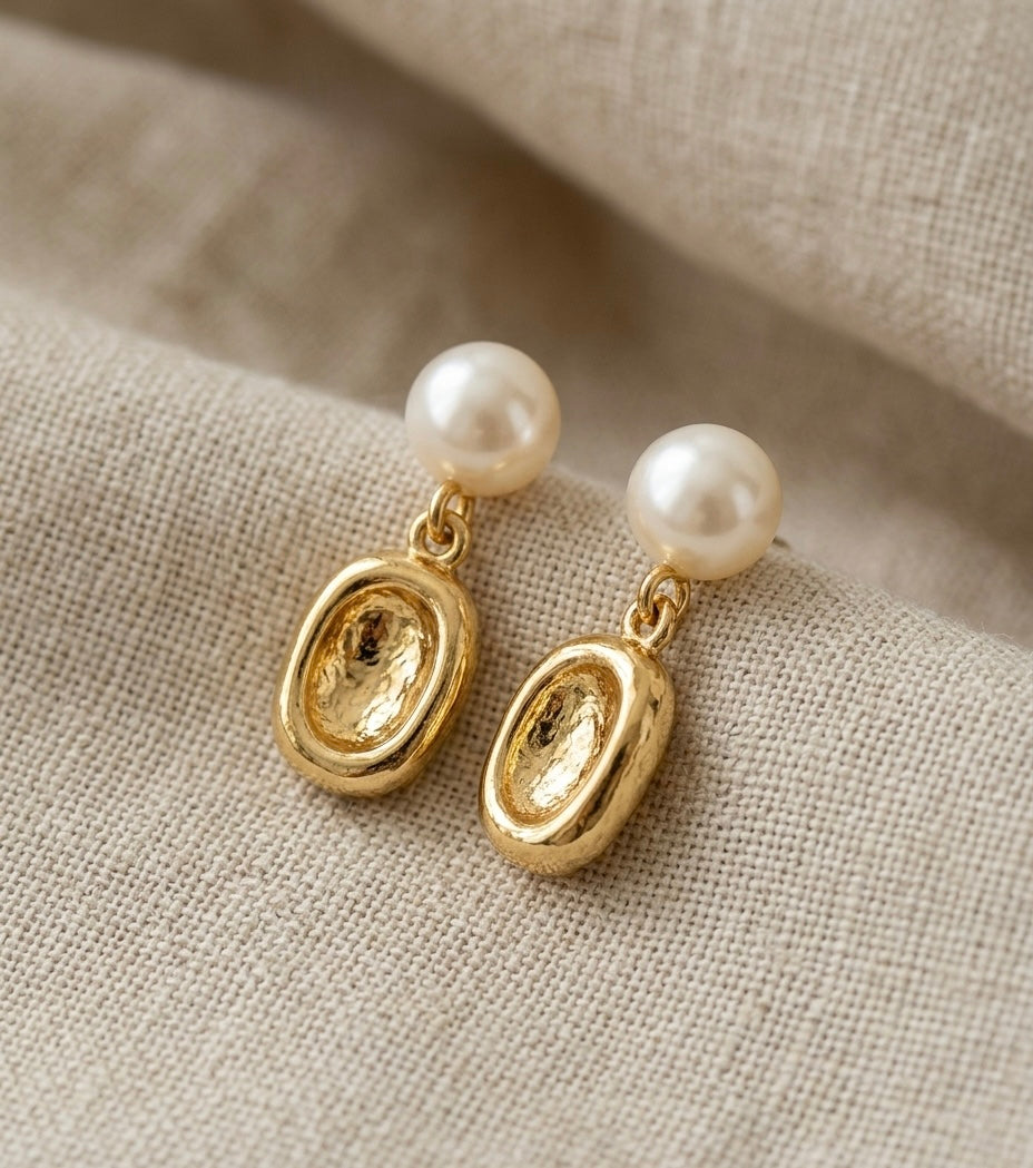 "Odette" French Baroque Textured Gold & Pearl Drop Earrings