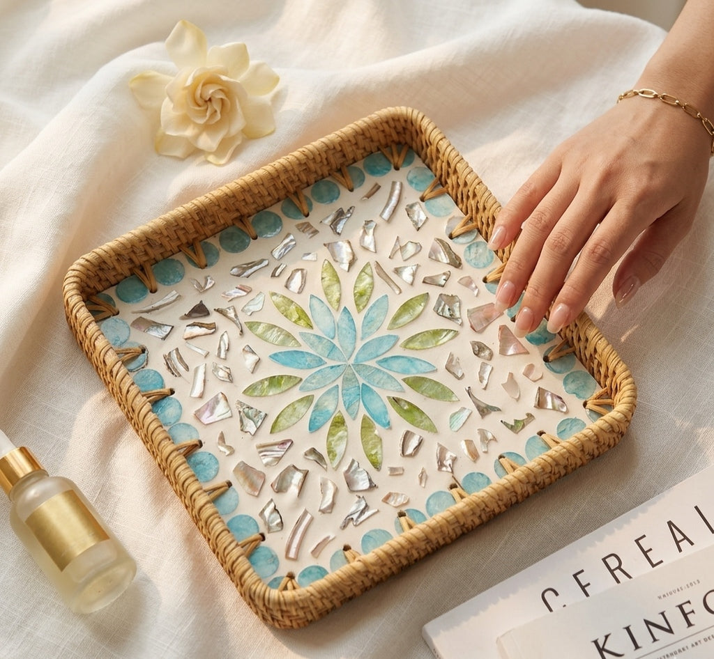 Artisanal Mother of Pearl Mosaic & Rattan Tray — Teal Floral