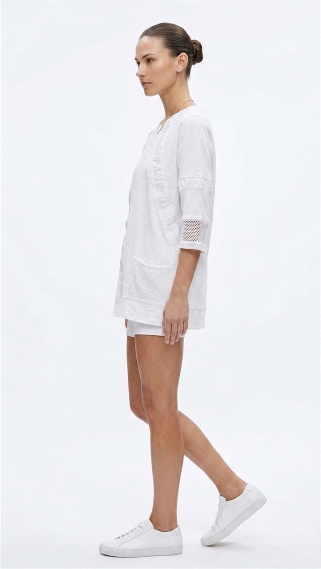 Womens 100% Cotton French Terry Top with Mesh and Textured Sleeves - White