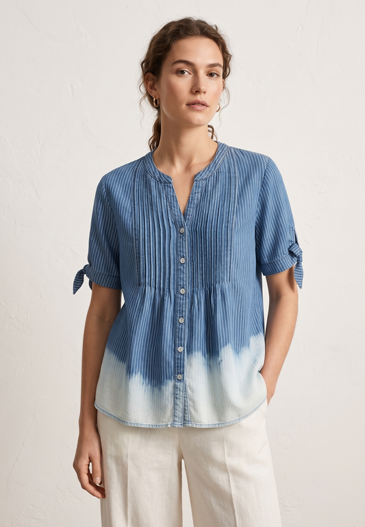 Ocean Breeze Striped Dip-Dye Pintuck Blouse