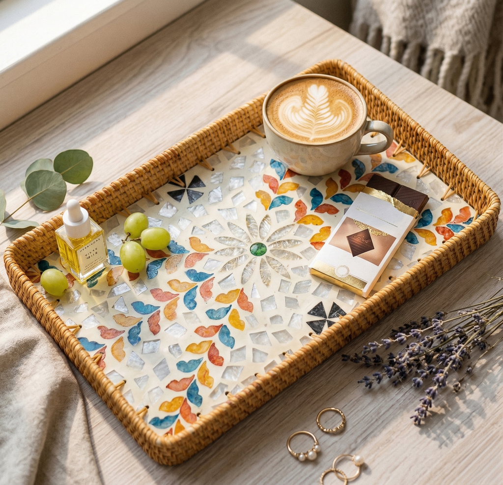 Artisanal Mosaic Inlay Rattan Serving Tray – Colorful Leaf Design (36cm x 24cm)