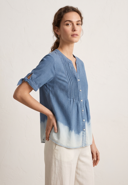 Ocean Breeze Striped Dip-Dye Pintuck Blouse
