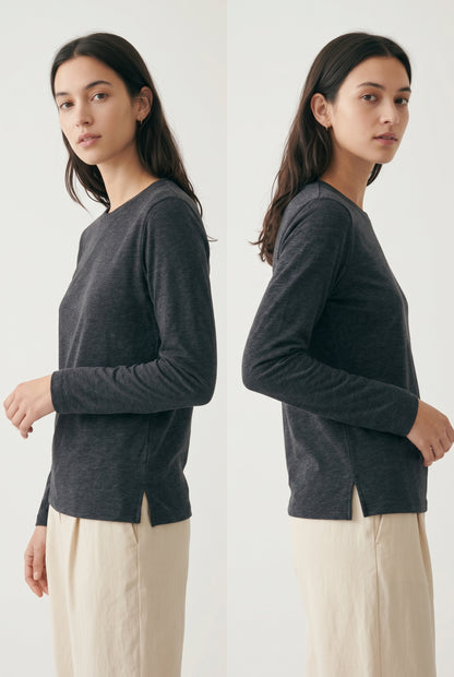 #713 Charcoal Heather Long Sleeve Cotton Blend Crewneck Top