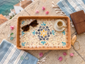 Handmade Rattan & Shell Mosaic Decorative Tray | Coastal Boho Mother of Pearl Inlay