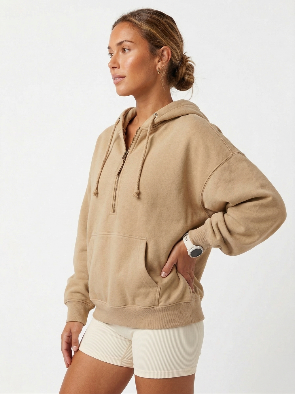 Oversized Khaki Half-Zip Fleece Hoodie | Sport Chic Cotton Blend