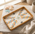 Artisanal Mosaic Inlay Rattan Serving Tray – Colorful Leaf Design (36cm x 24cm)