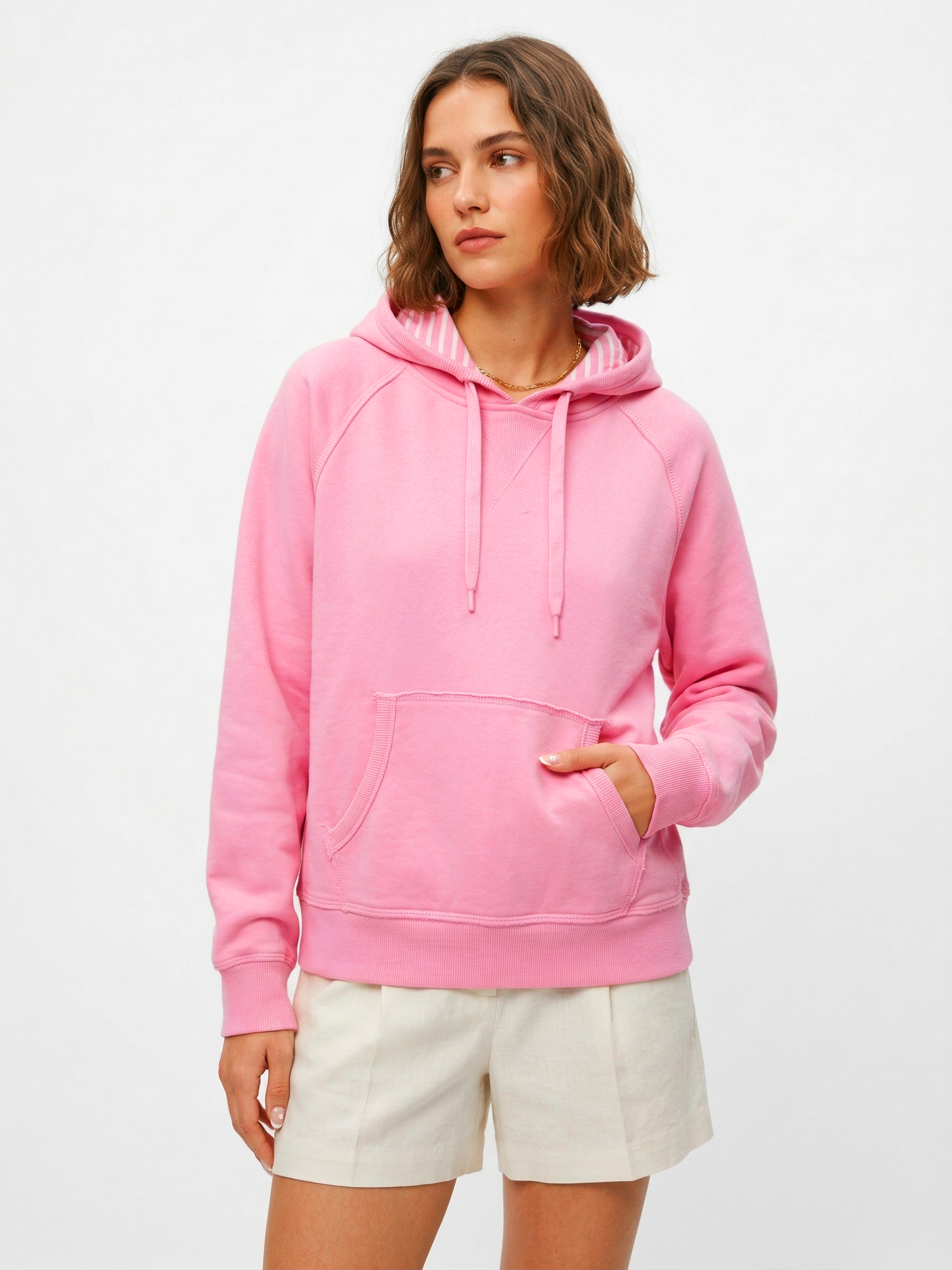 The Essential Cozy Pink Fleece Hoodie with Sweet Striped Hood Lining