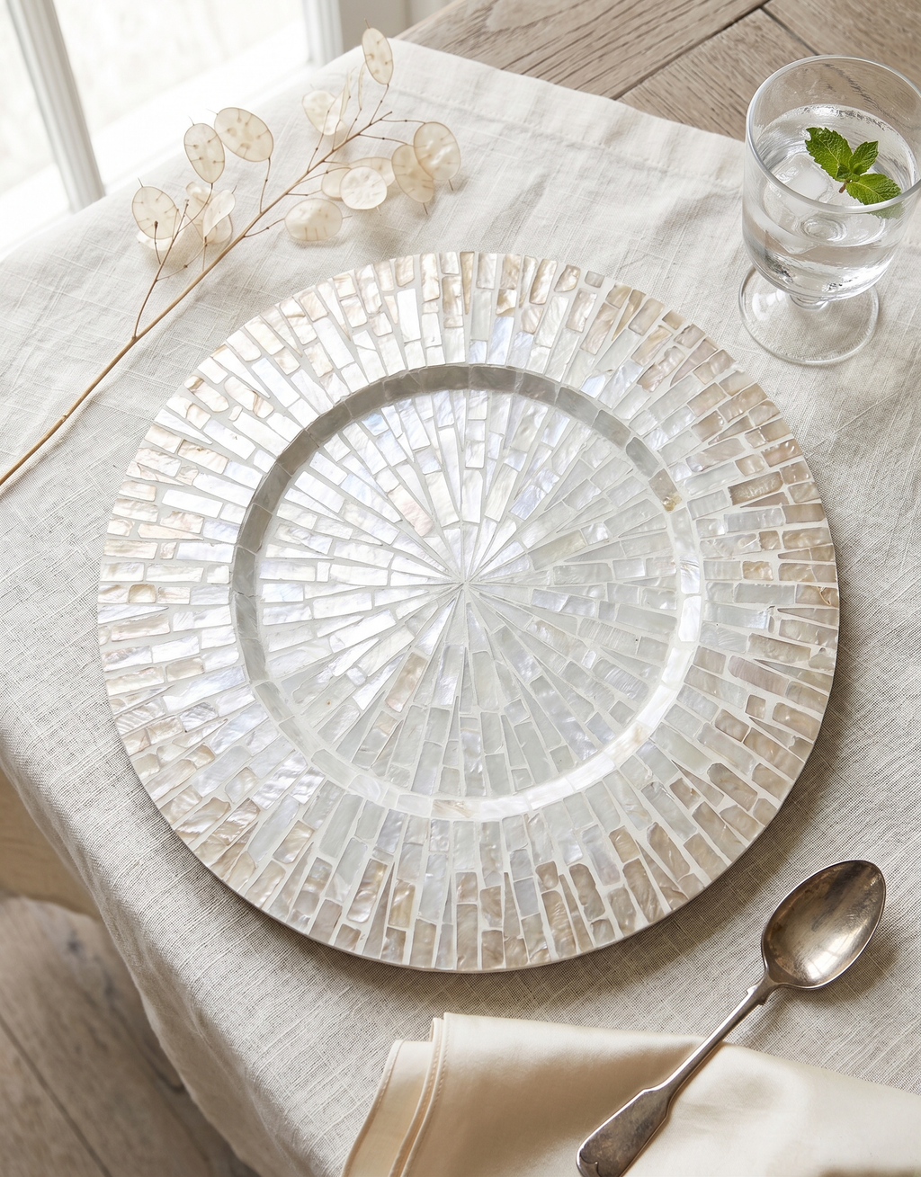 13-Inch Champagne Mother-of-Pearl Mosaic Round Charger Plate / Placemat