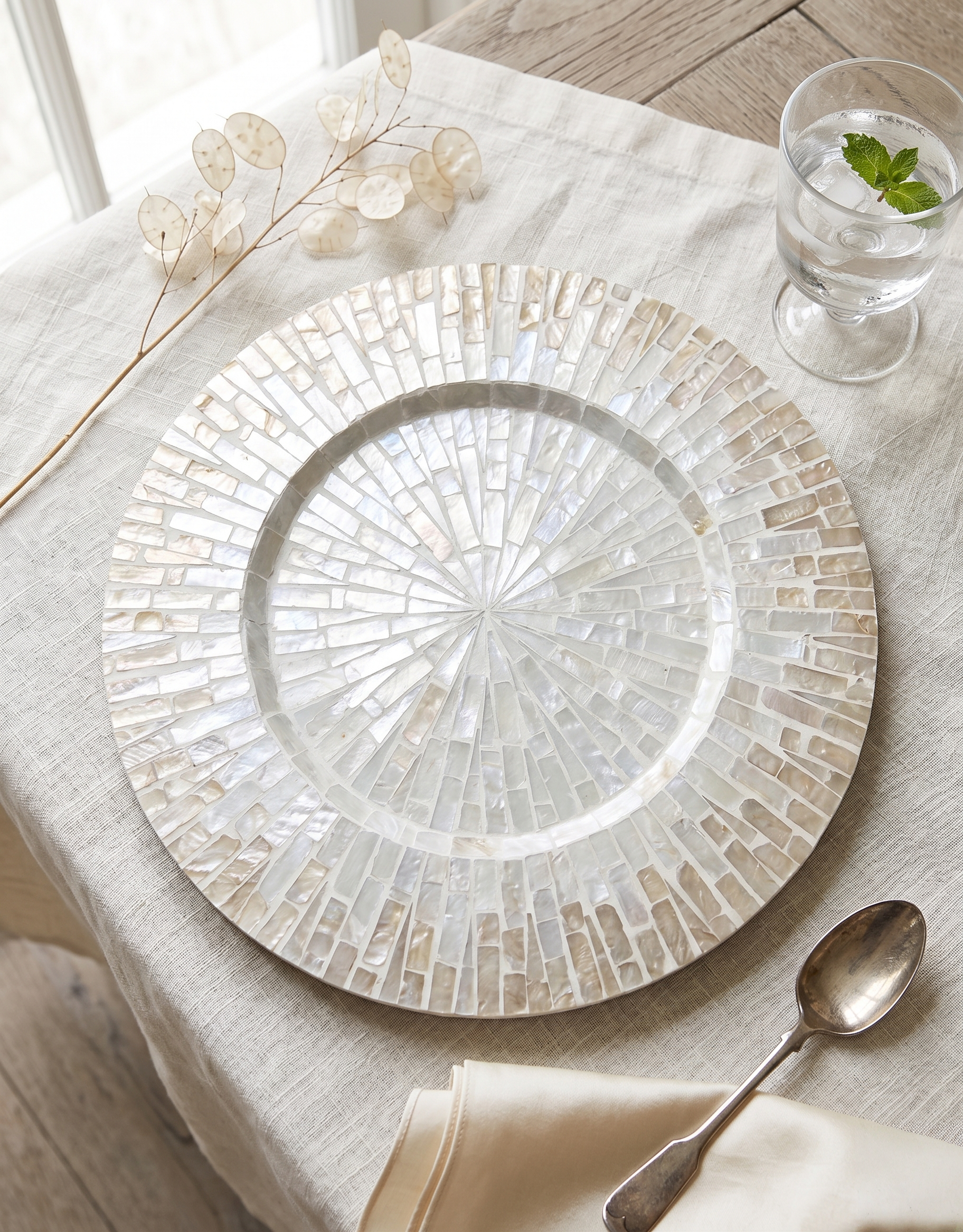 13-Inch Champagne Mother-of-Pearl Mosaic Round Charger Plate / Placemat
