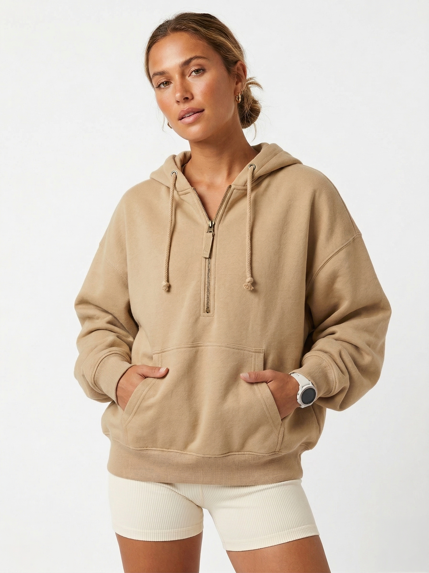 Oversized Khaki Half-Zip Fleece Hoodie | Sport Chic Cotton Blend