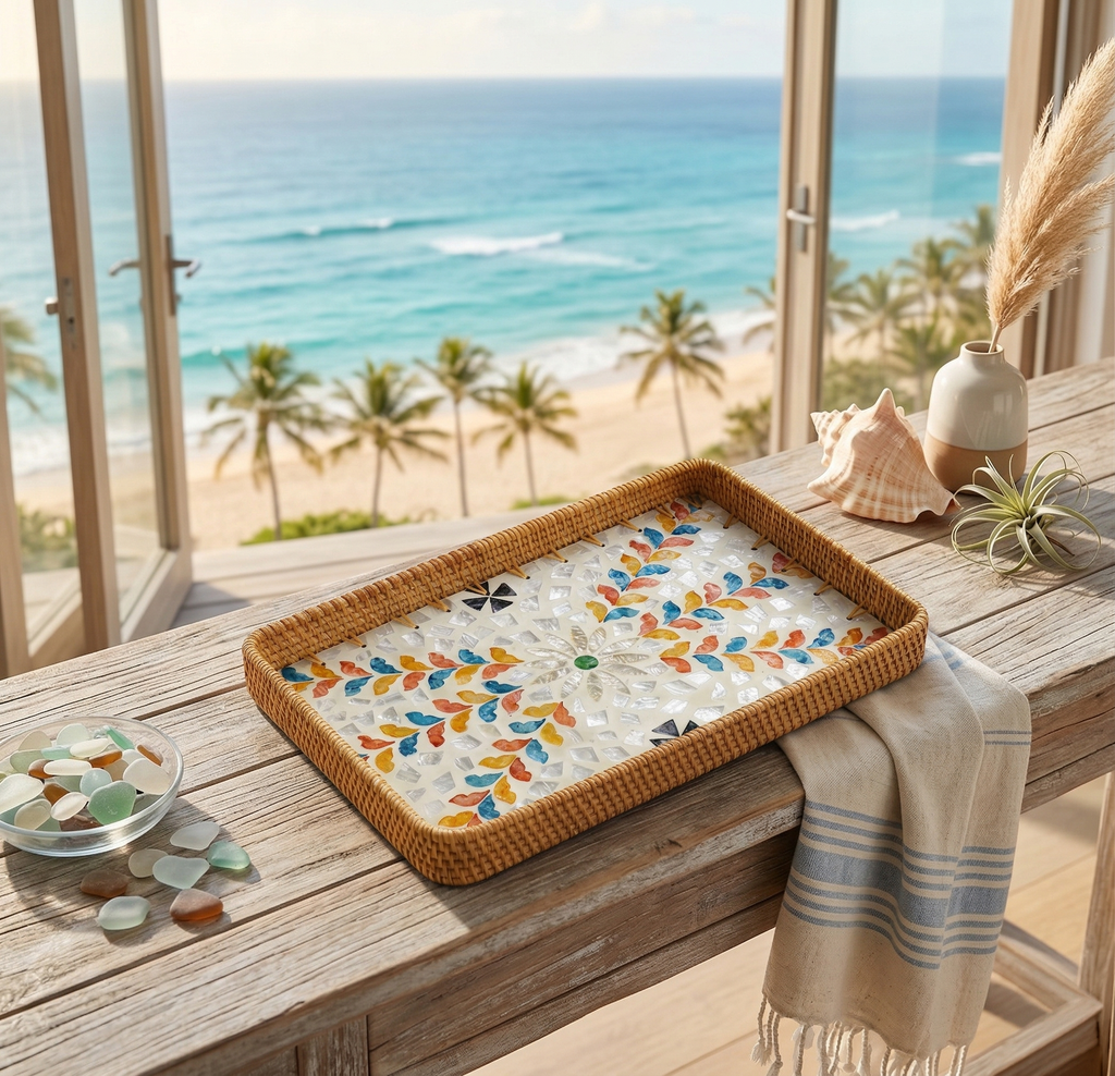 Artisanal Mosaic Inlay Rattan Serving Tray – Colorful Leaf Design (36cm x 24cm)