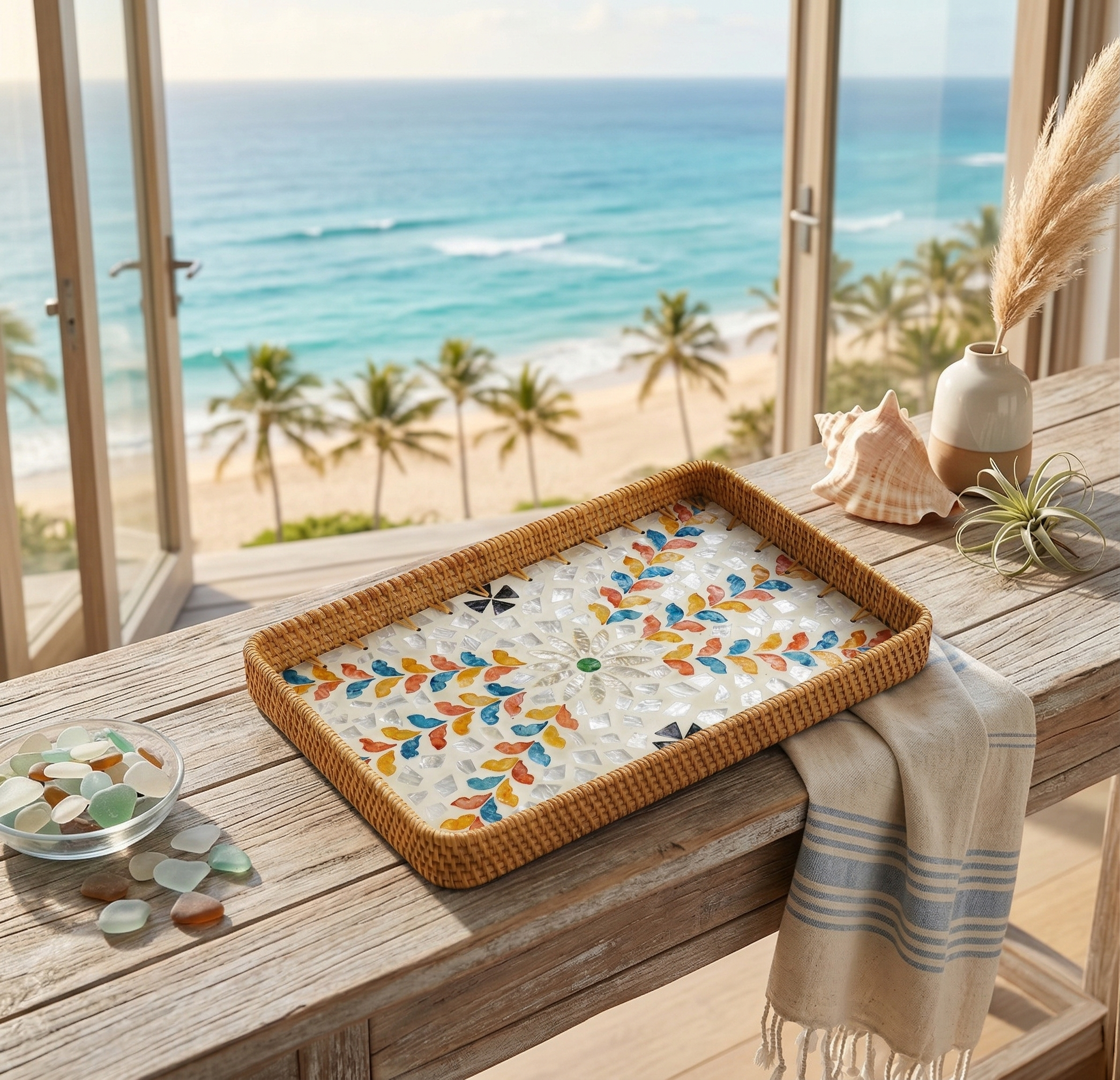 Artisanal Mosaic Inlay Rattan Serving Tray – Colorful Leaf Design (36cm x 24cm)