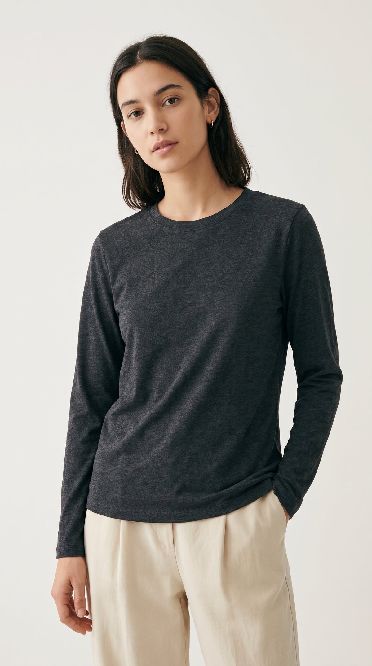 #713 Charcoal Heather Long Sleeve Cotton Blend Crewneck Top