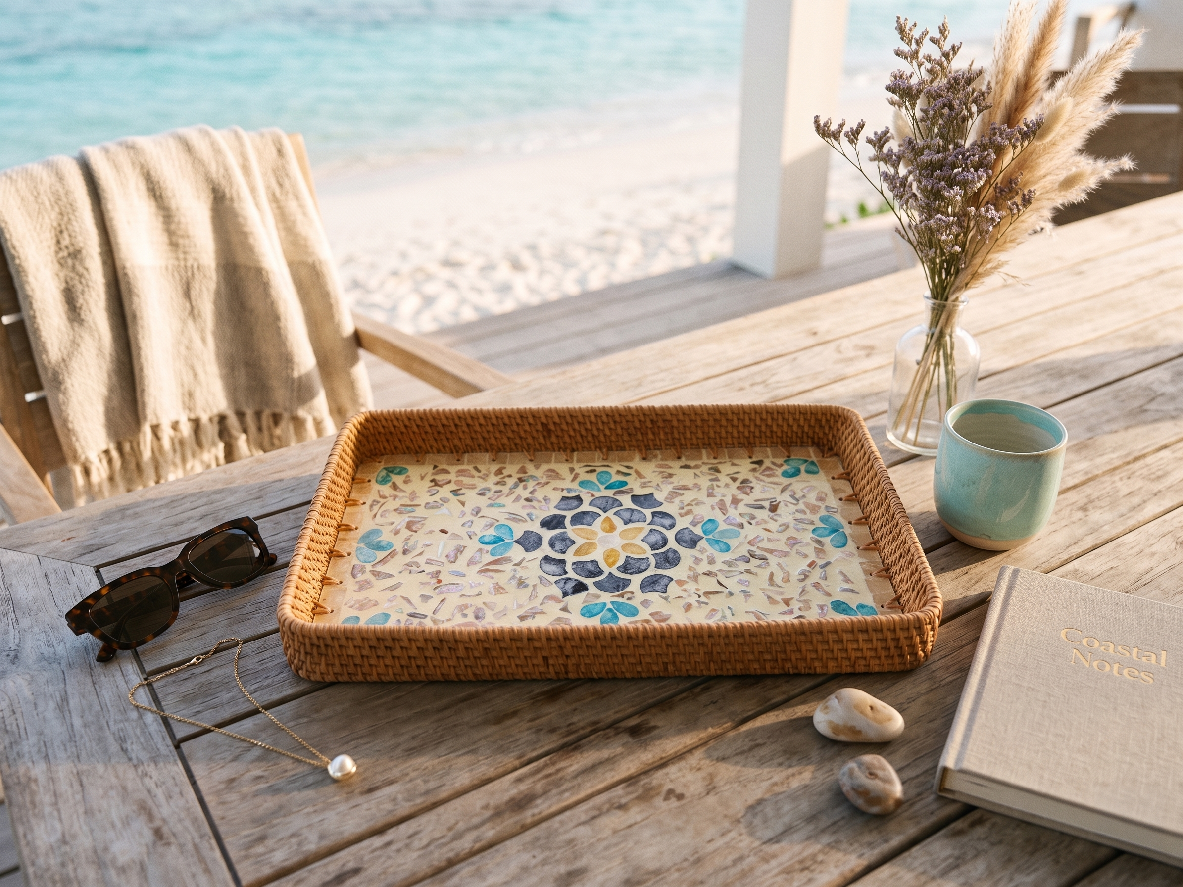 Handmade Rattan & Shell Mosaic Decorative Tray | Coastal Boho Mother of Pearl Inlay