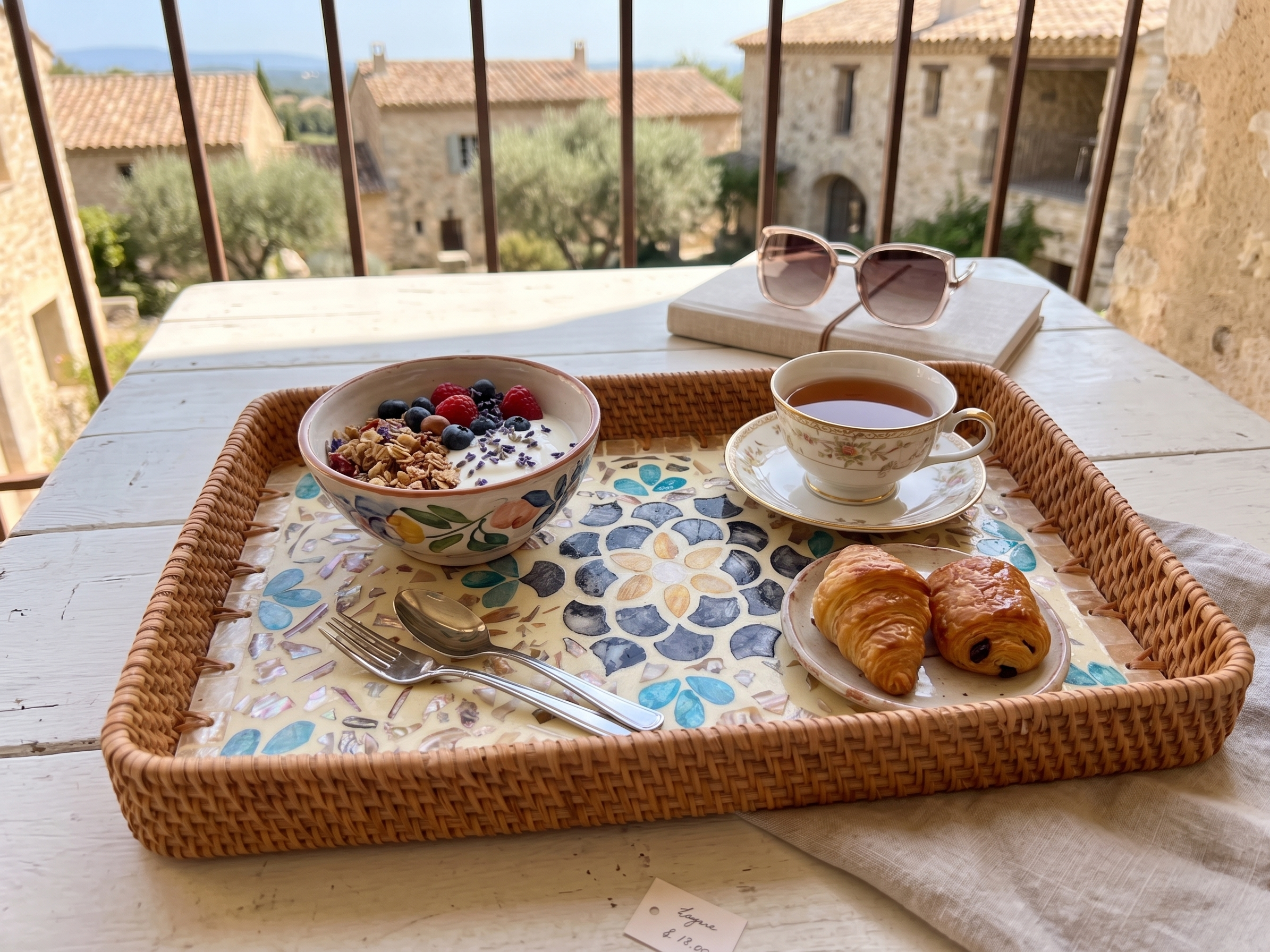 Handmade Rattan & Shell Mosaic Decorative Tray | Coastal Boho Mother of Pearl Inlay