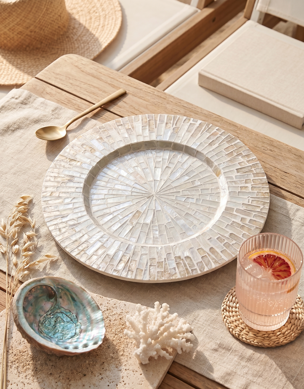 13-Inch Champagne Mother-of-Pearl Mosaic Round Charger Plate / Placemat