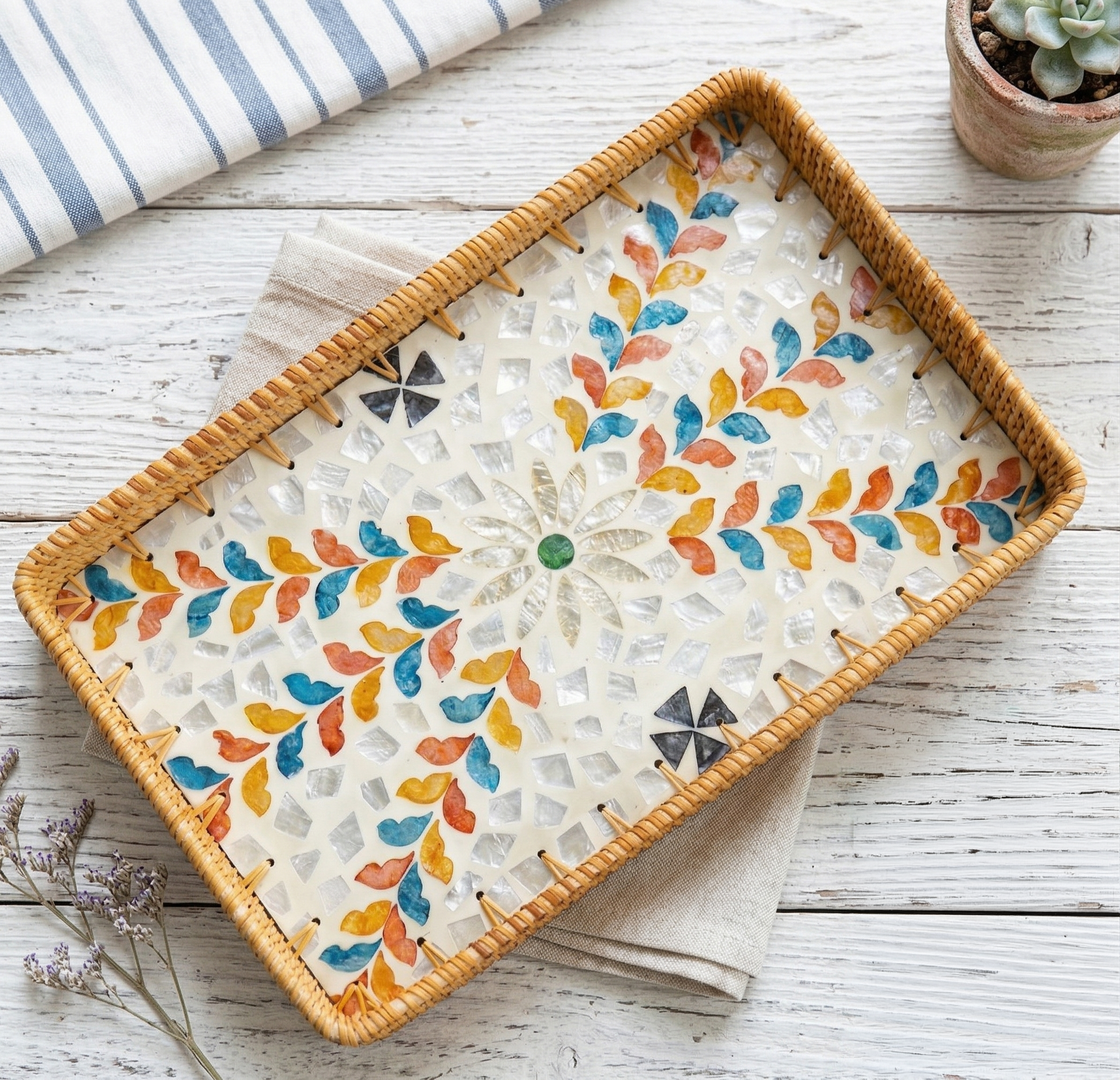 Artisanal Mosaic Inlay Rattan Serving Tray – Colorful Leaf Design (36cm x 24cm)