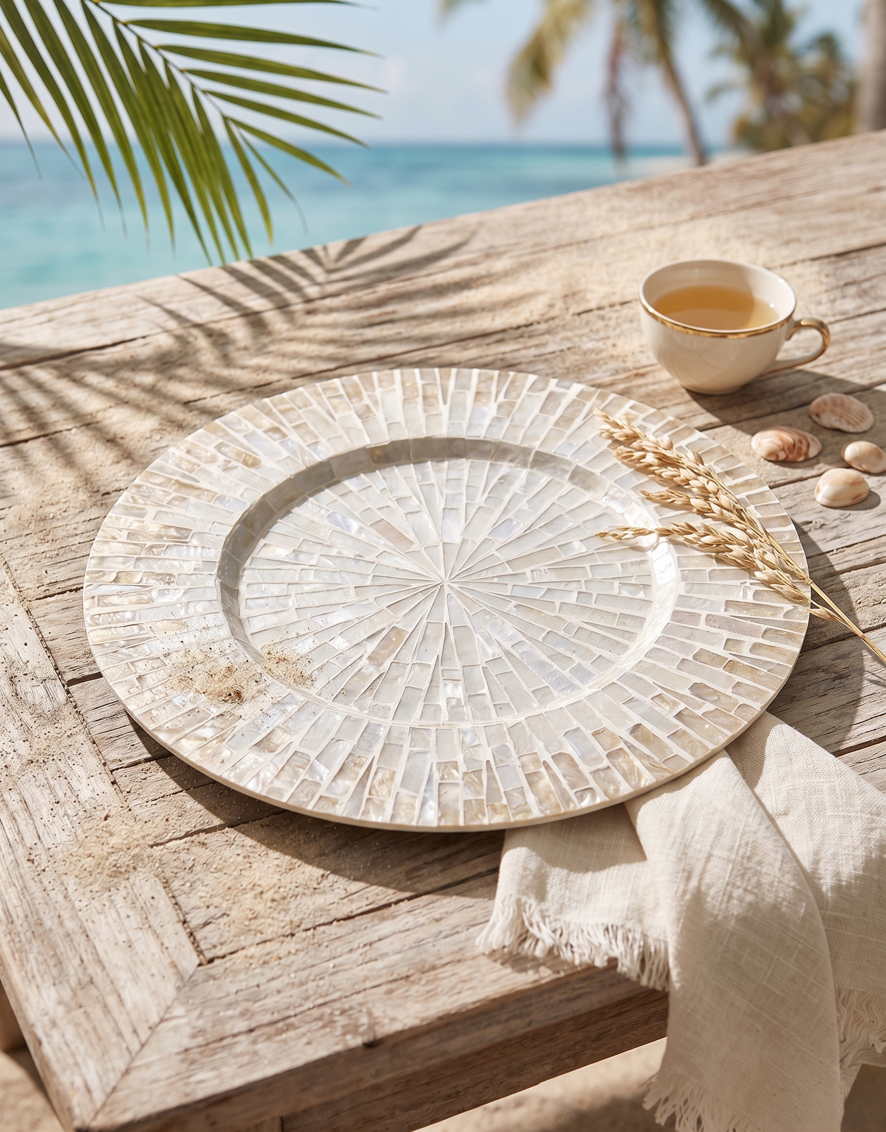 13-Inch Champagne Mother-of-Pearl Mosaic Round Charger Plate / Placemat