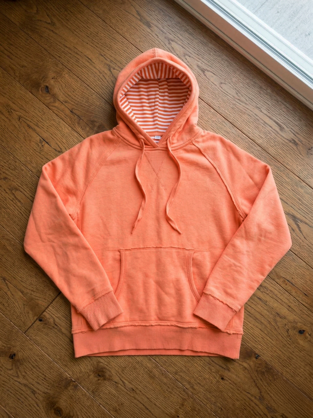 Sunset Peach Color-Edge Raglan Hoodie with Striped Lining
