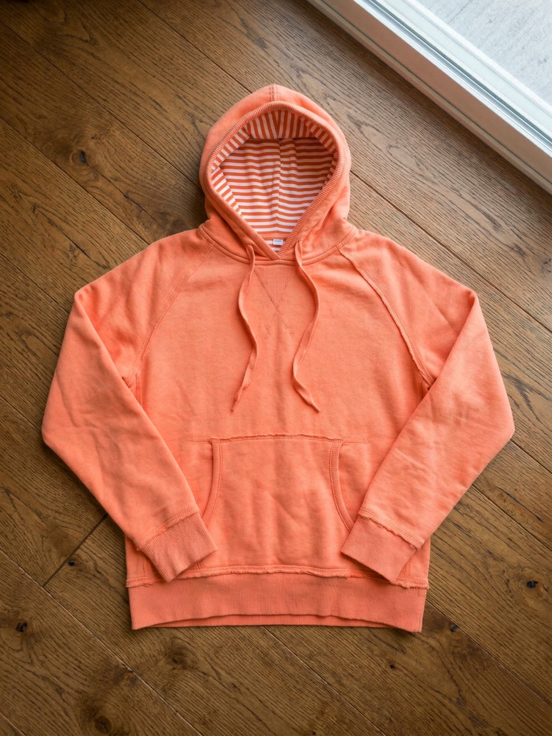 Sunset Peach Color-Edge Raglan Hoodie with Striped Lining