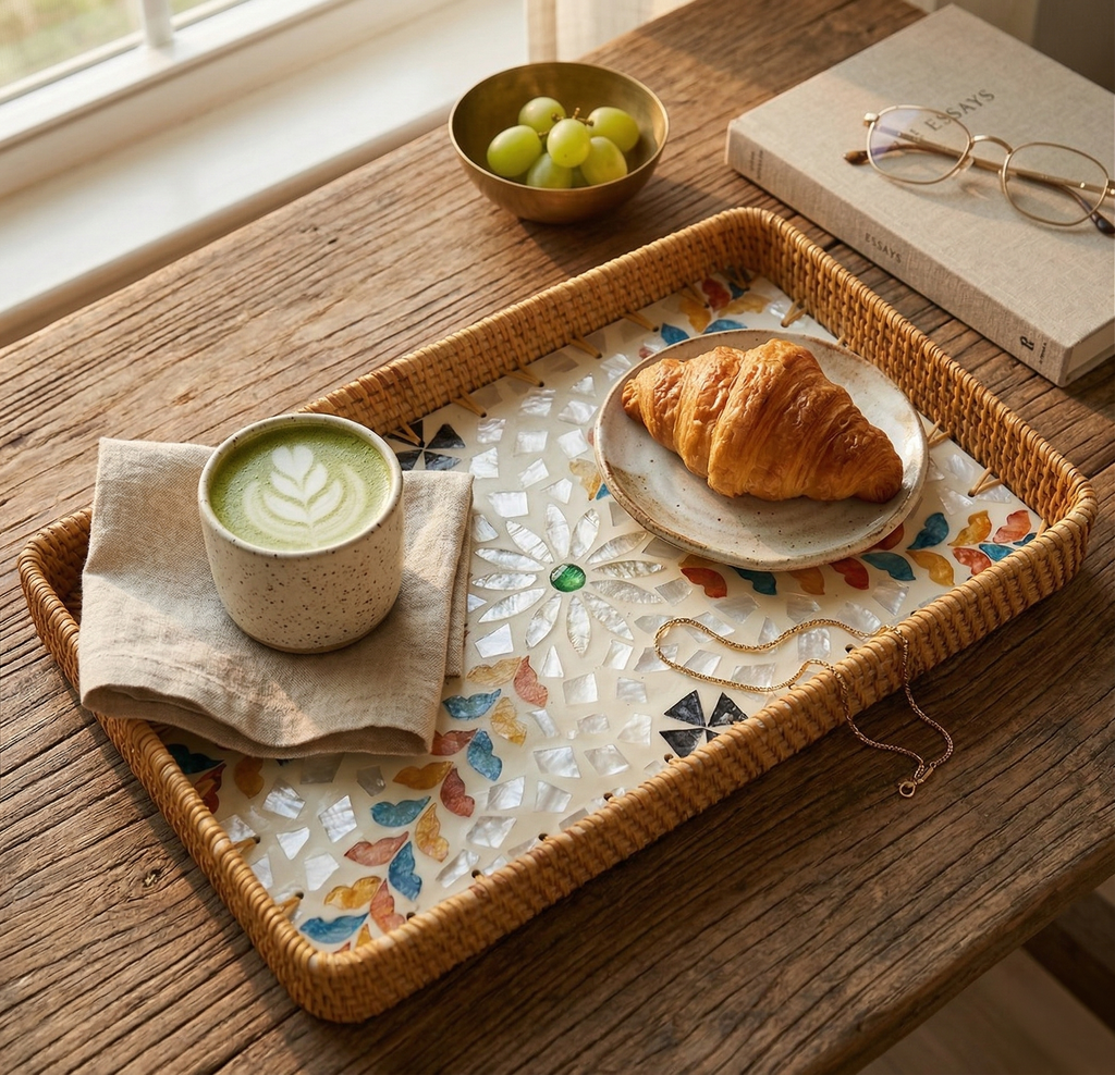 Artisanal Mosaic Inlay Rattan Serving Tray – Colorful Leaf Design (36cm x 24cm)