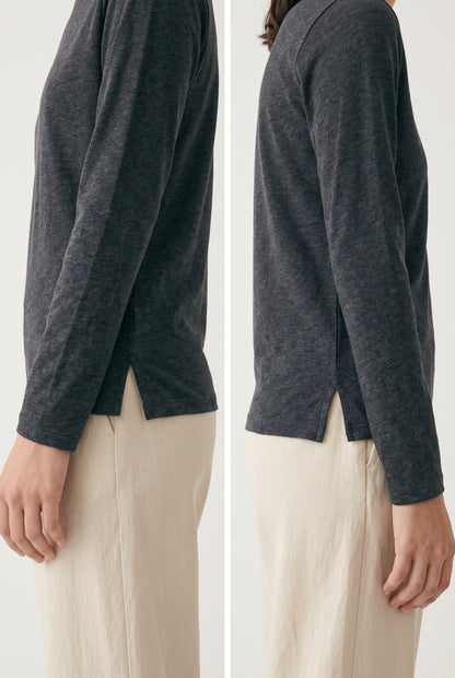 #713 Charcoal Heather Long Sleeve Cotton Blend Crewneck Top