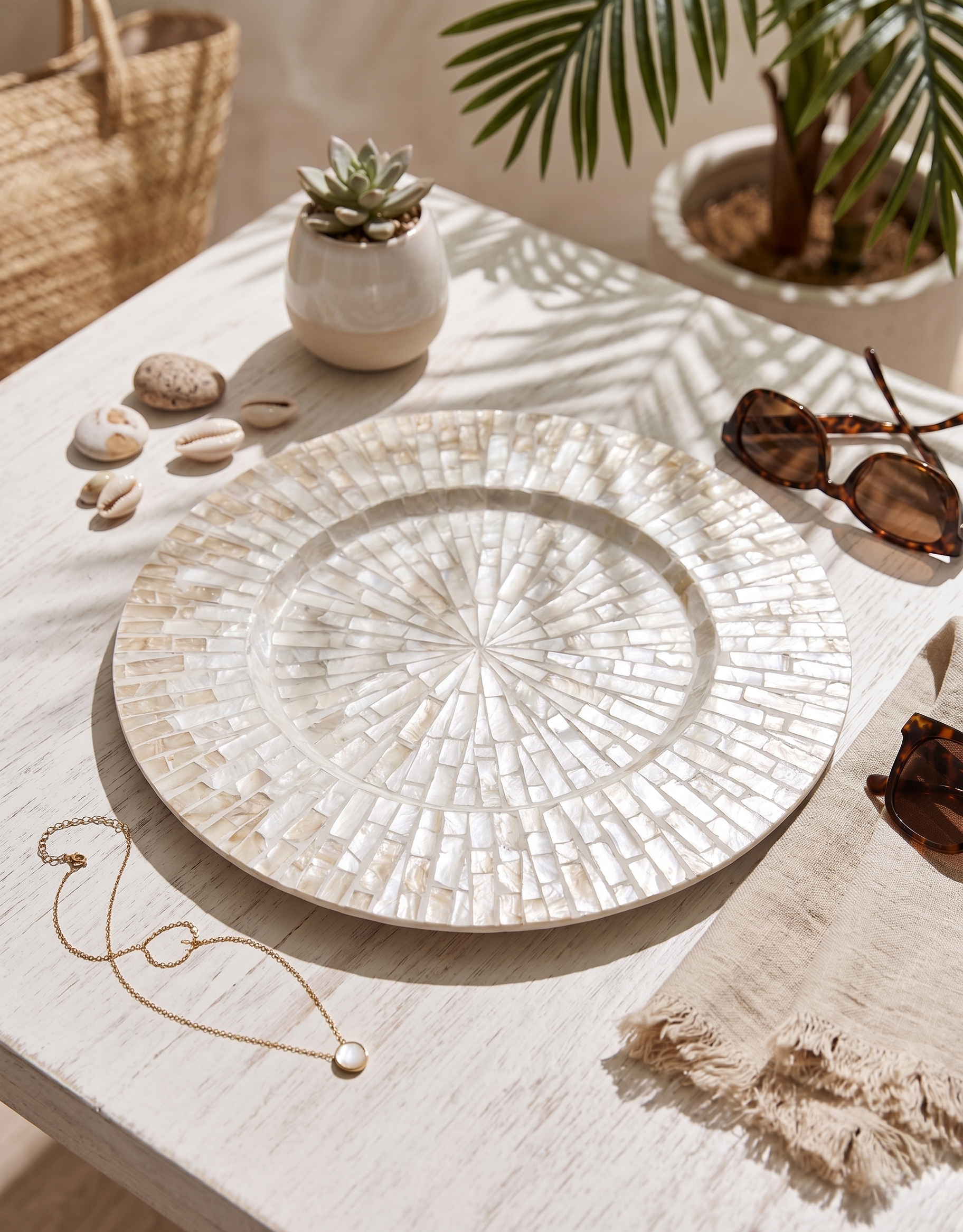 13-Inch Champagne Mother-of-Pearl Mosaic Round Charger Plate / Placemat