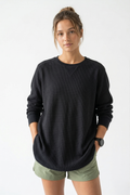Heavyweight Waffle Knit Thermal Crewneck - Black (80% Cotton / 20% Poly)